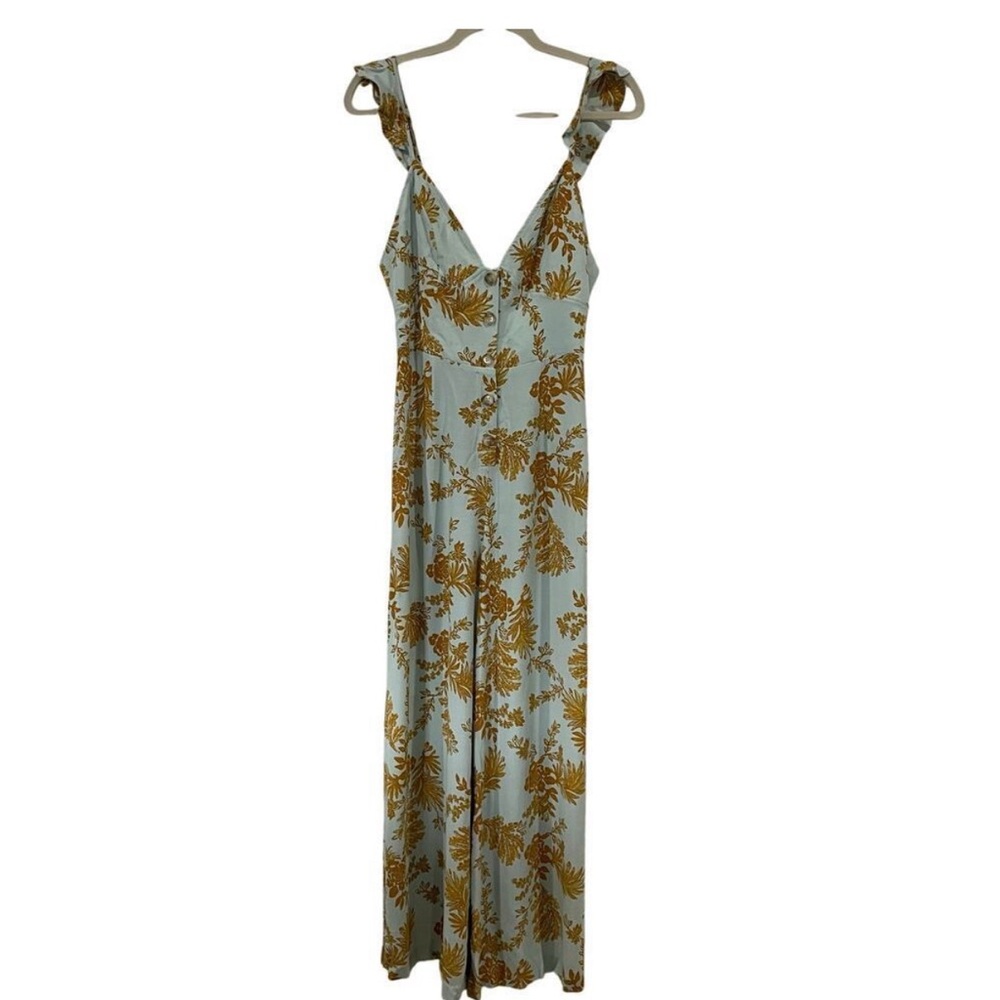 Free People Be The One Floral Wide Leg Ruffle Mint Blue Gold Jumpsuit Size 6 - Picture 4 of 7